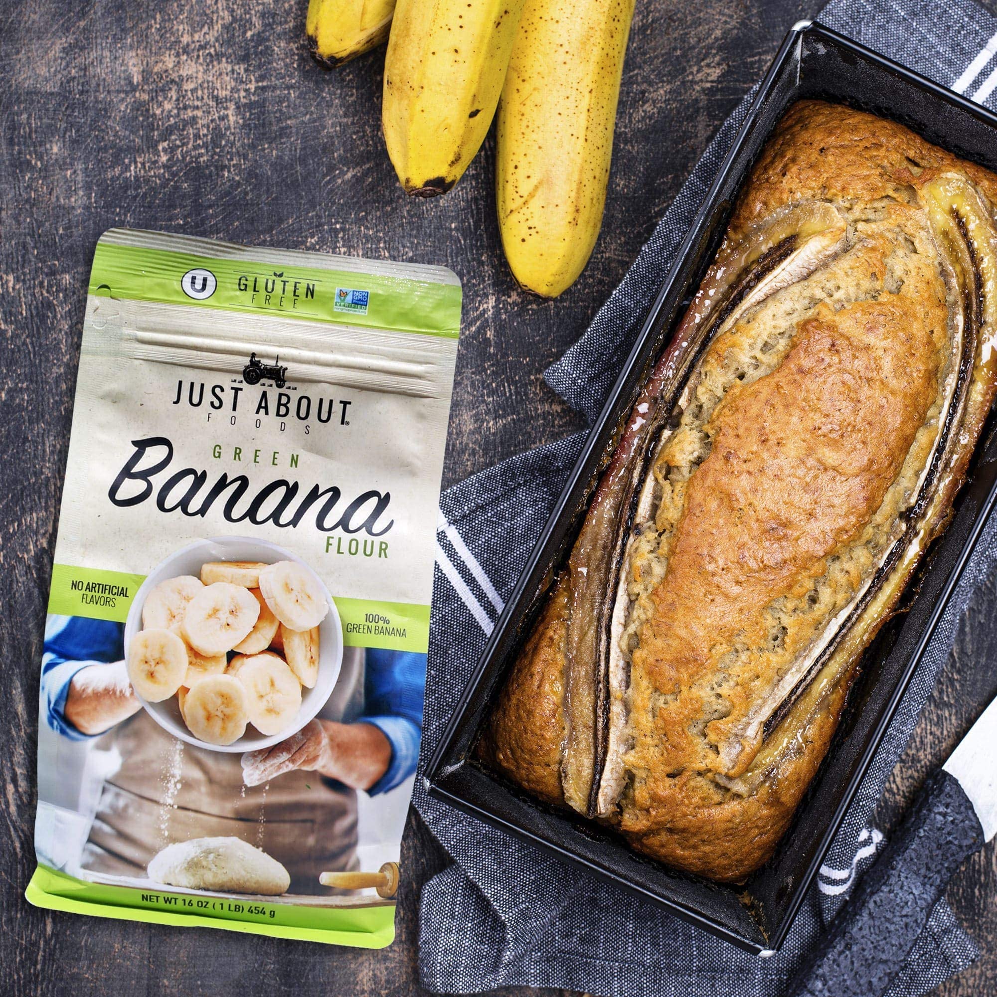 Just About banana flour nutrition image highlights plant-based minerals.