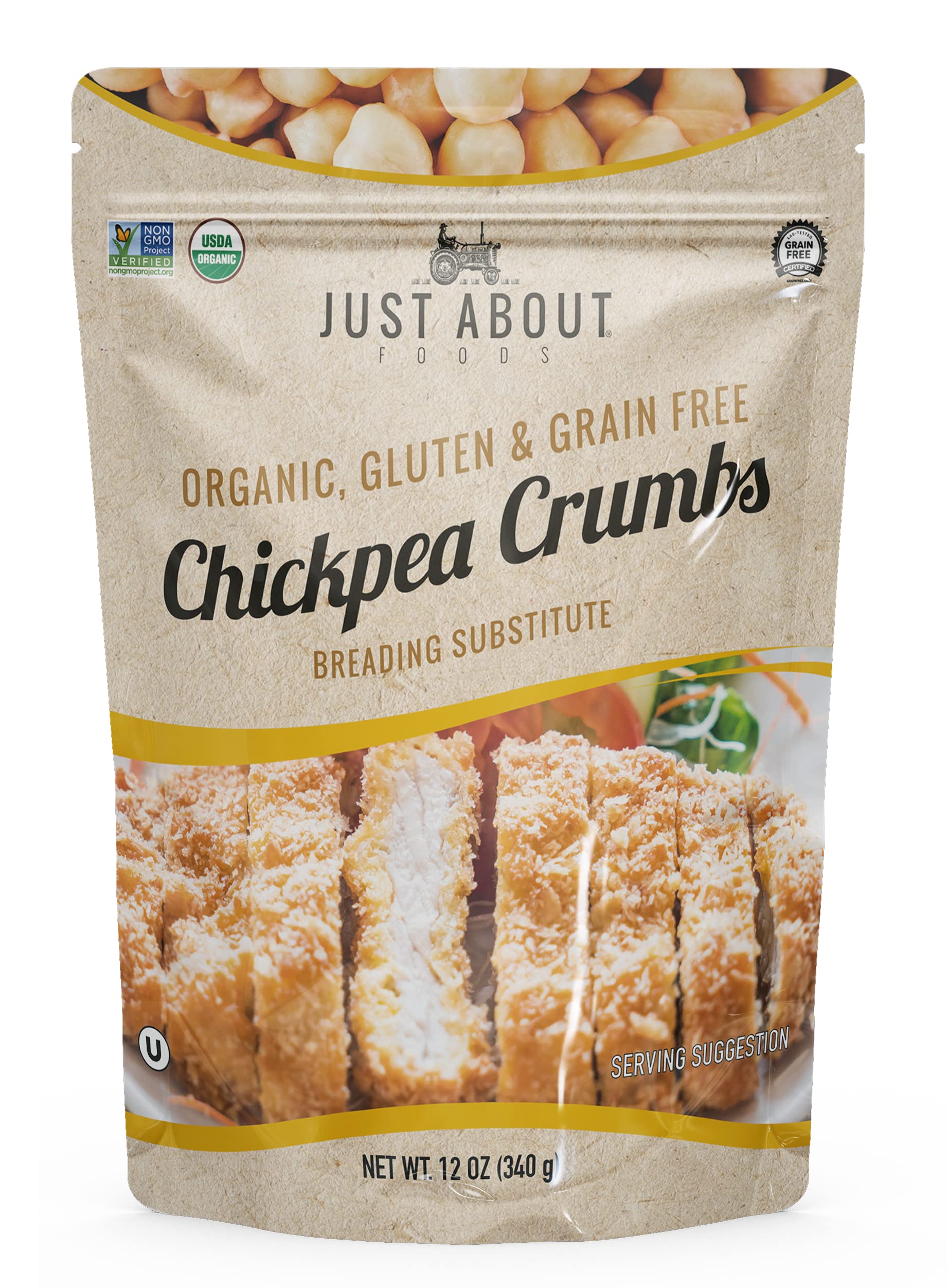 Just About Organic Chickpea Bread Crumbs pack view with gluten-free and kosher certifications