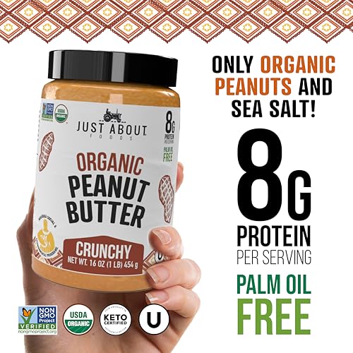 Just About unsweetened crunchy peanut butter close-up emphasizes natural texture.