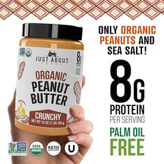 Just About unsweetened crunchy peanut butter close-up emphasizes natural texture.