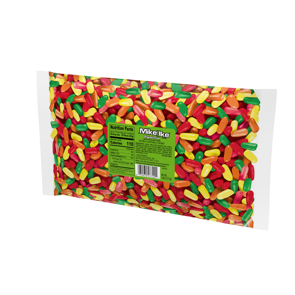 Just Born Mike and Ike brand packaging close-up highlights flavor variety.