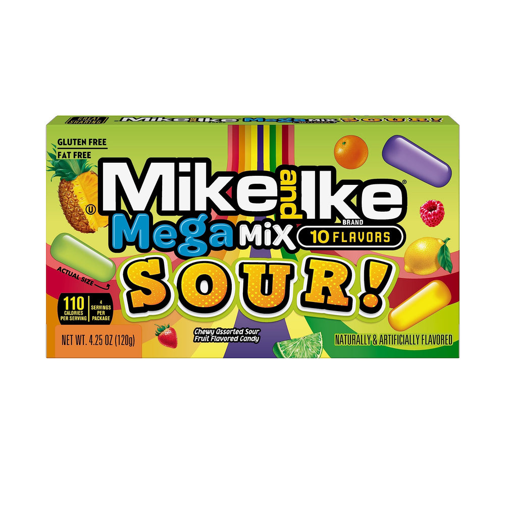 Just Born Mike and Ike Mega Mix Sour theater box 4.25 oz ready for sharing at gatherings.