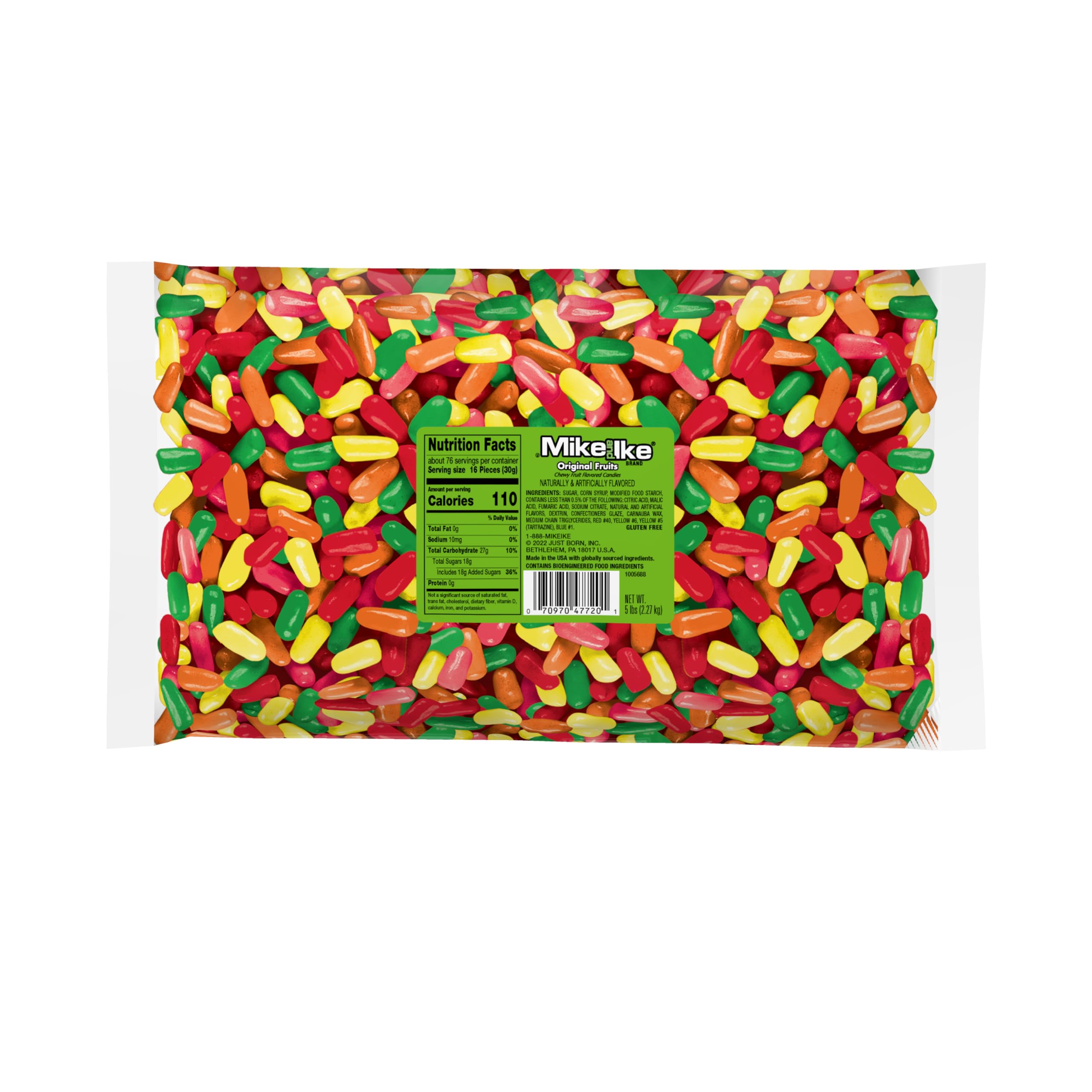 Just Born Mike and Ike original flavors 5 lb bag front view for party snacking.