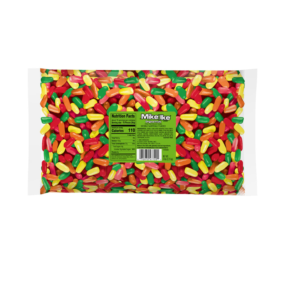 Just Born Mike and Ike original flavors 5 lb bag front view for party snacking.