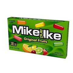 Just Born Mike and Ike Original Fruits packaging on shelf highlights convenient pantry or theater snack