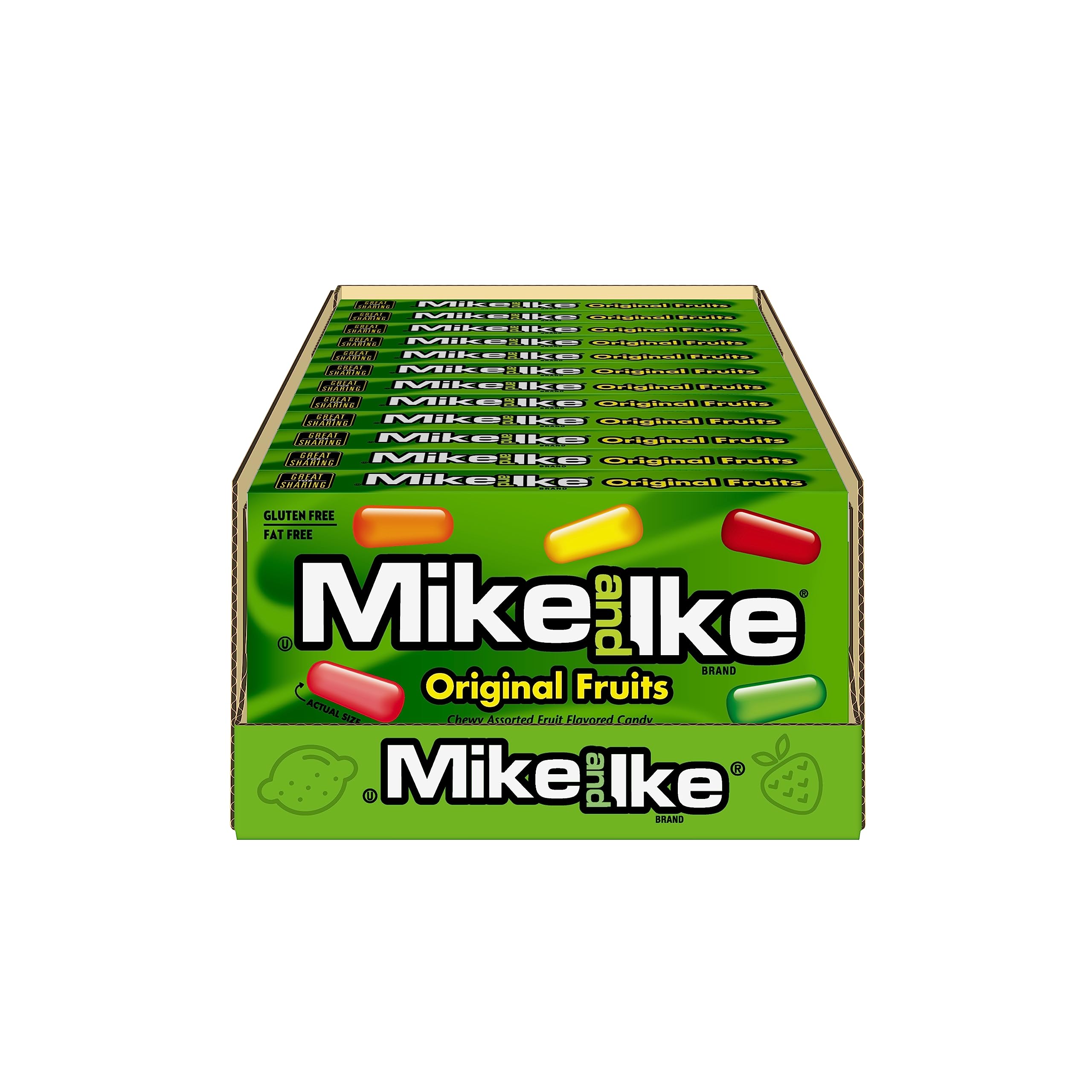 Just Born Mike and Ike Original Fruits theater box graphic emphasizes fruity chewy flavor variety