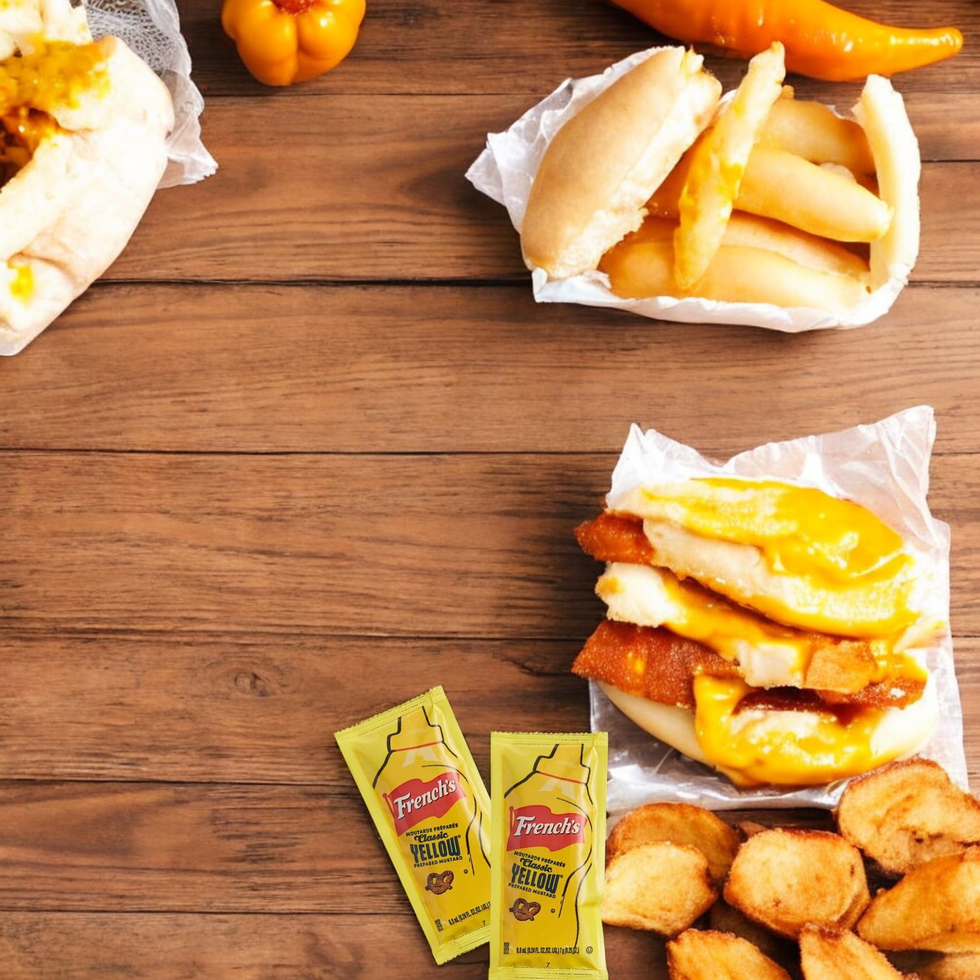JUST-BUY Self-serve friendly mustard packets for quick-service orders and reduced waste.