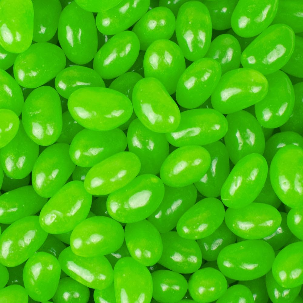 Just Candy green apple jelly beans 12oz bag closeup, ideal for candy buffets.