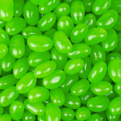 Just Candy green apple jelly beans 12oz bag closeup, ideal for candy buffets.
