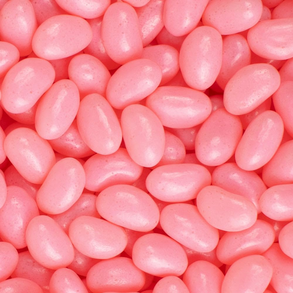 Just Candy strawberry-flavored jelly beans close-up, vibrant color perfect for candy buffets.