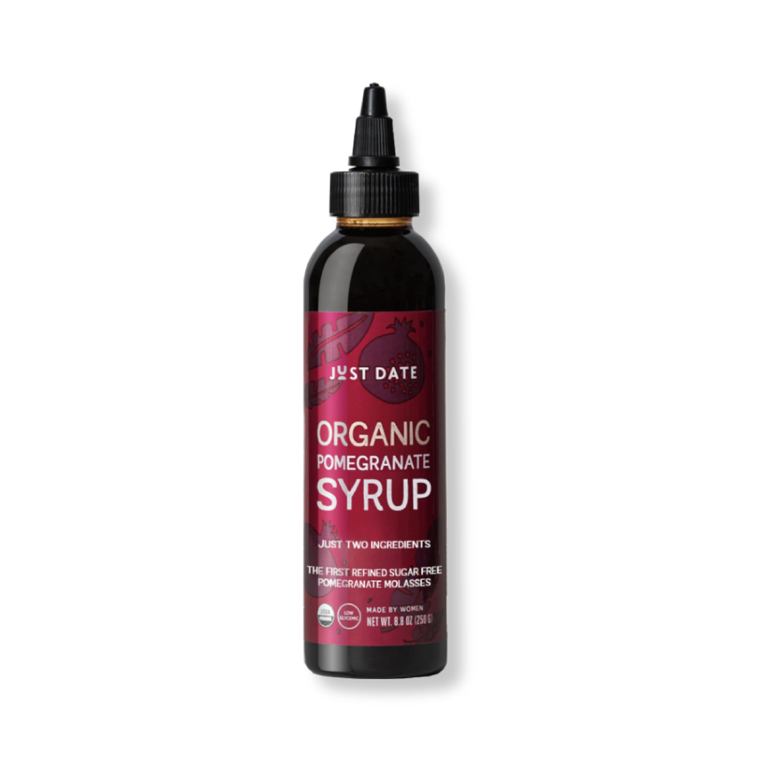 Just Date Syrup pomegranate bottle for versatile sweetening in desserts and beverages.