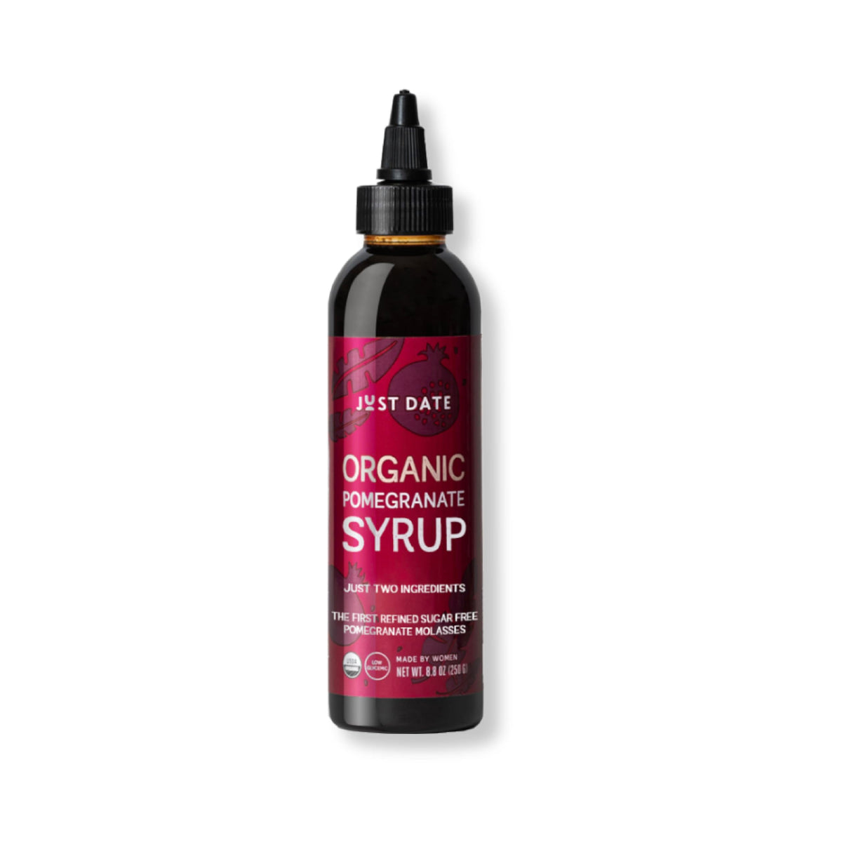 Just Date Syrup pomegranate bottle for versatile sweetening in desserts and beverages.