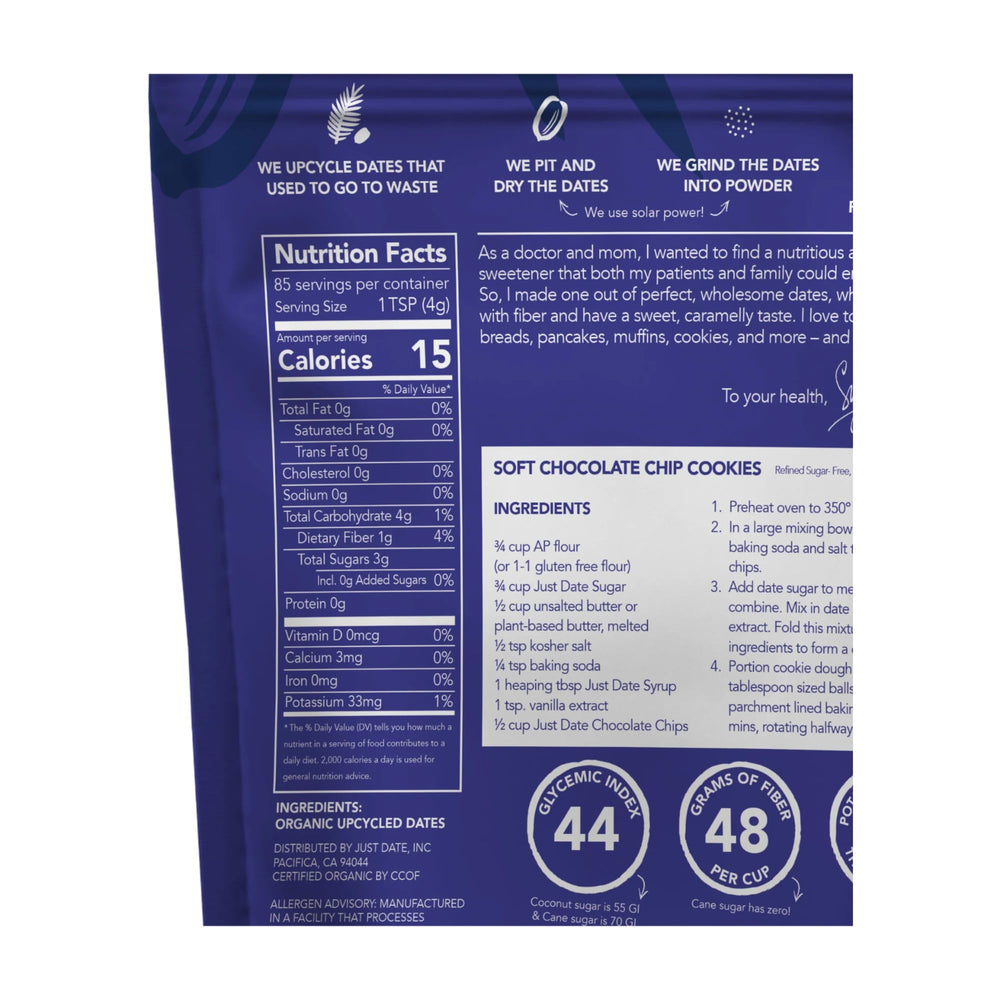 Just Date Sugar packaging in post consumer recycled materials eco friendly
