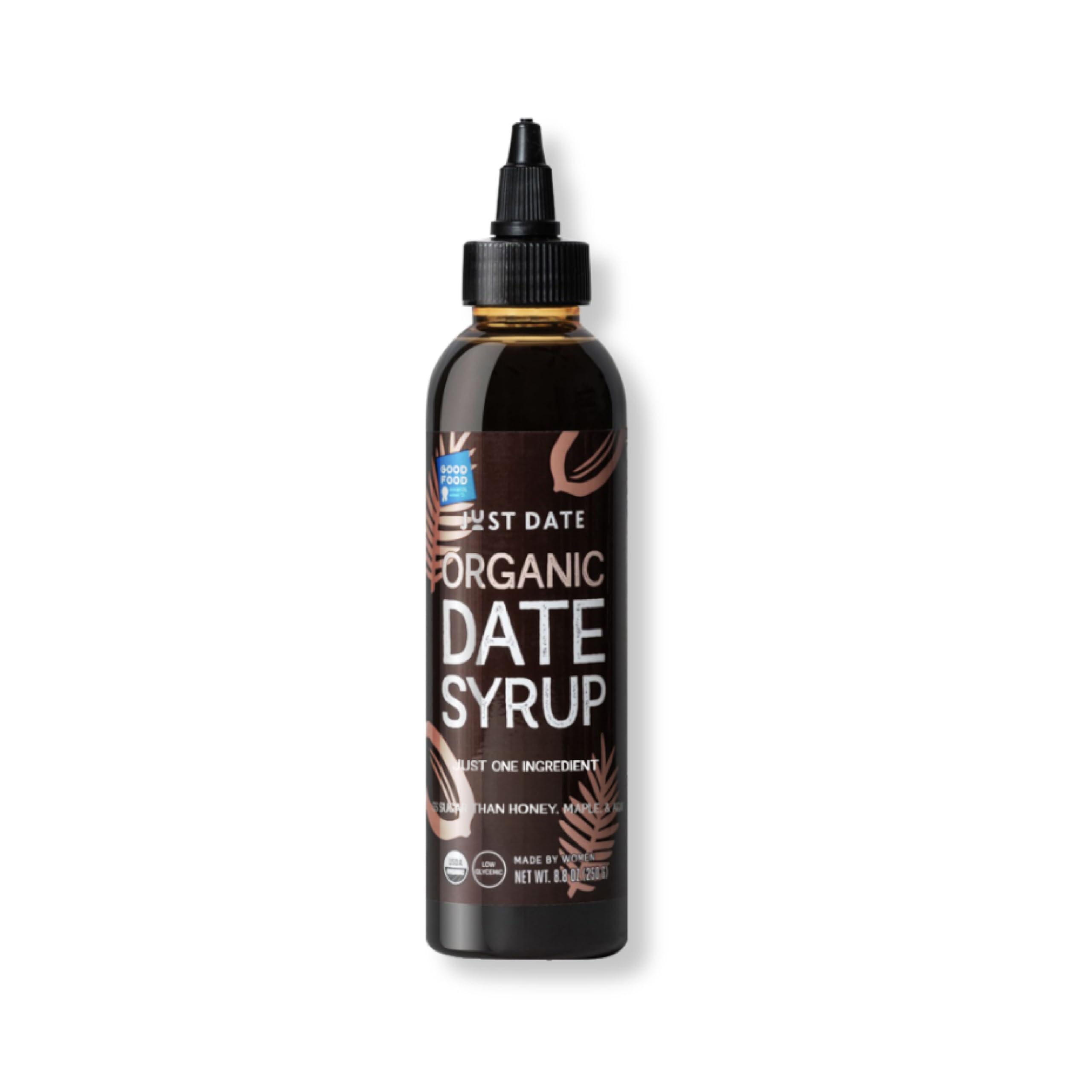 Just Date Syrup bottle pour shows caramel sweetness for coffee