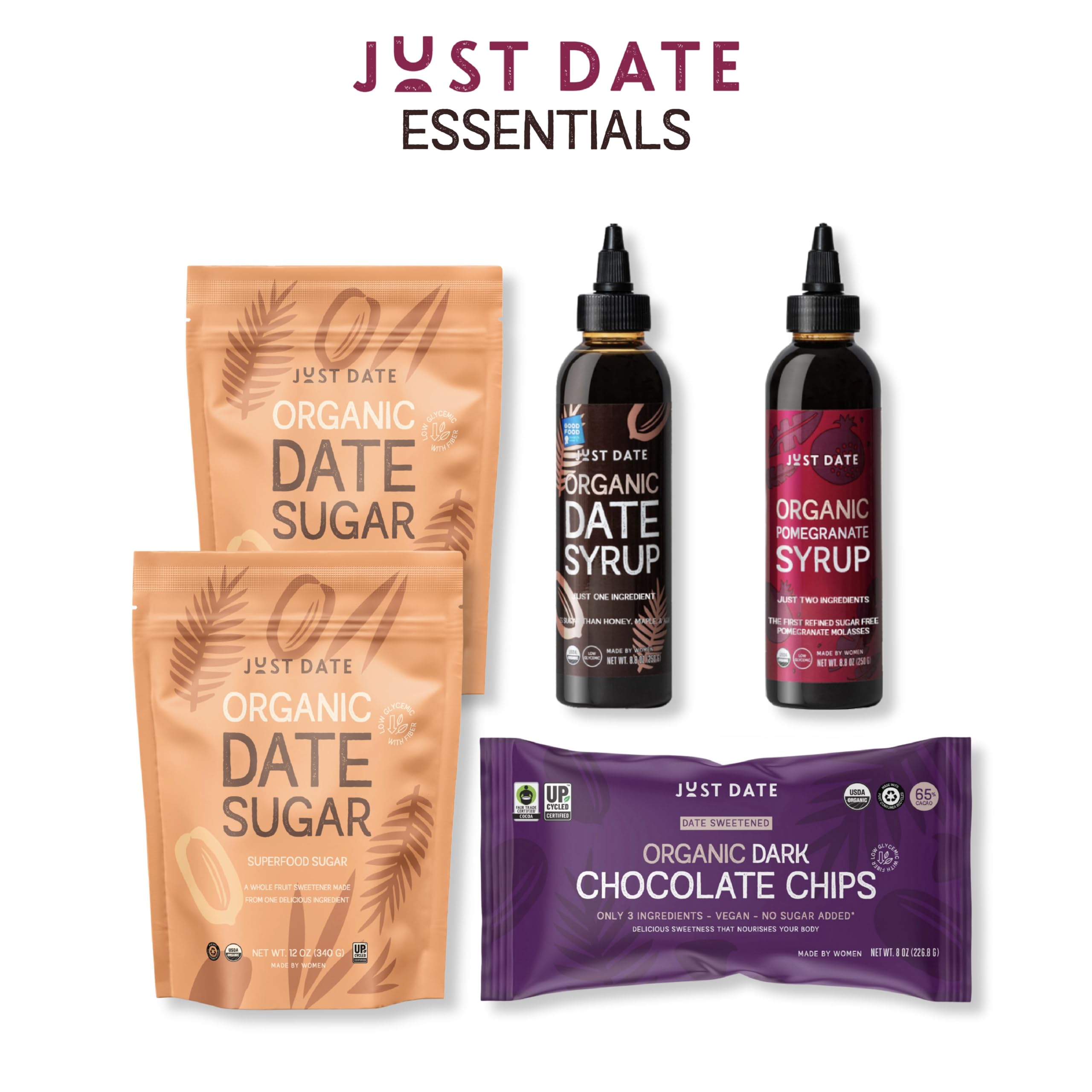 Just Date Syrup glass bottle highlights low-glycemic, vegan-friendly option