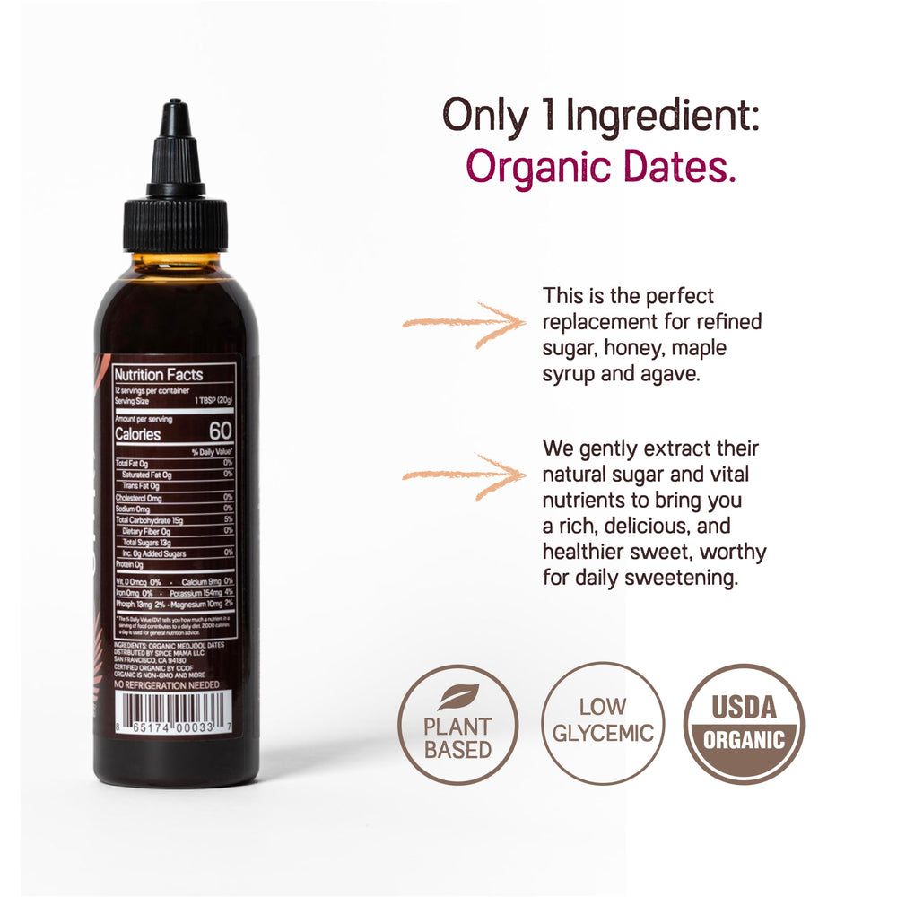 Just Date Syrup packaging front emphasizes organic, one-ingredient dates