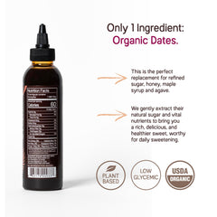 Just Date Syrup packaging front emphasizes organic, one-ingredient dates
