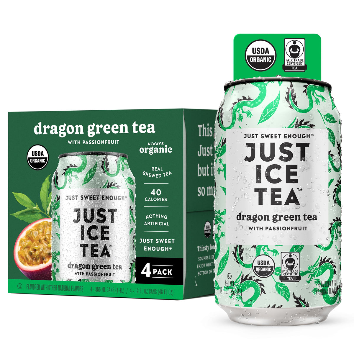Just Ice Tea Dragon Green Iced Tea 4-pack cans offer a low-calorie refreshment.