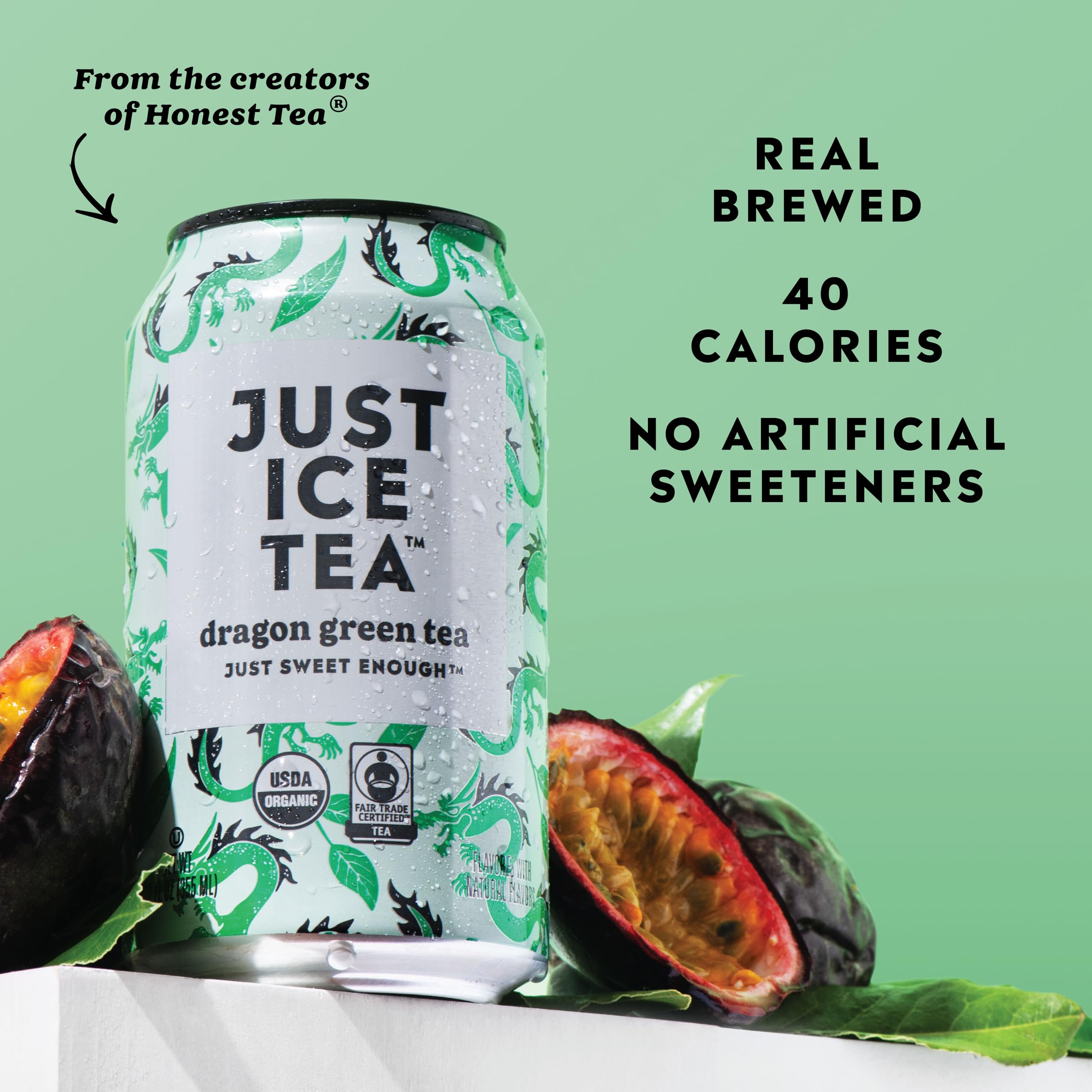 Just Ice Tea Dragon Green Iced Tea 4-pack beside a glass for instant serving.