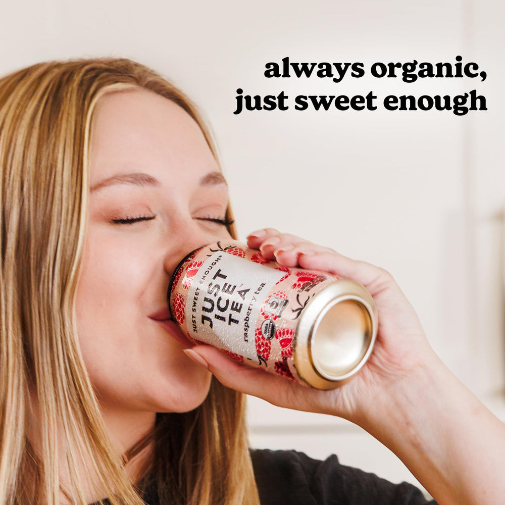 Just Ice Tea Dragon Green farm-row photo underscores organic origins and fair trade commitment.