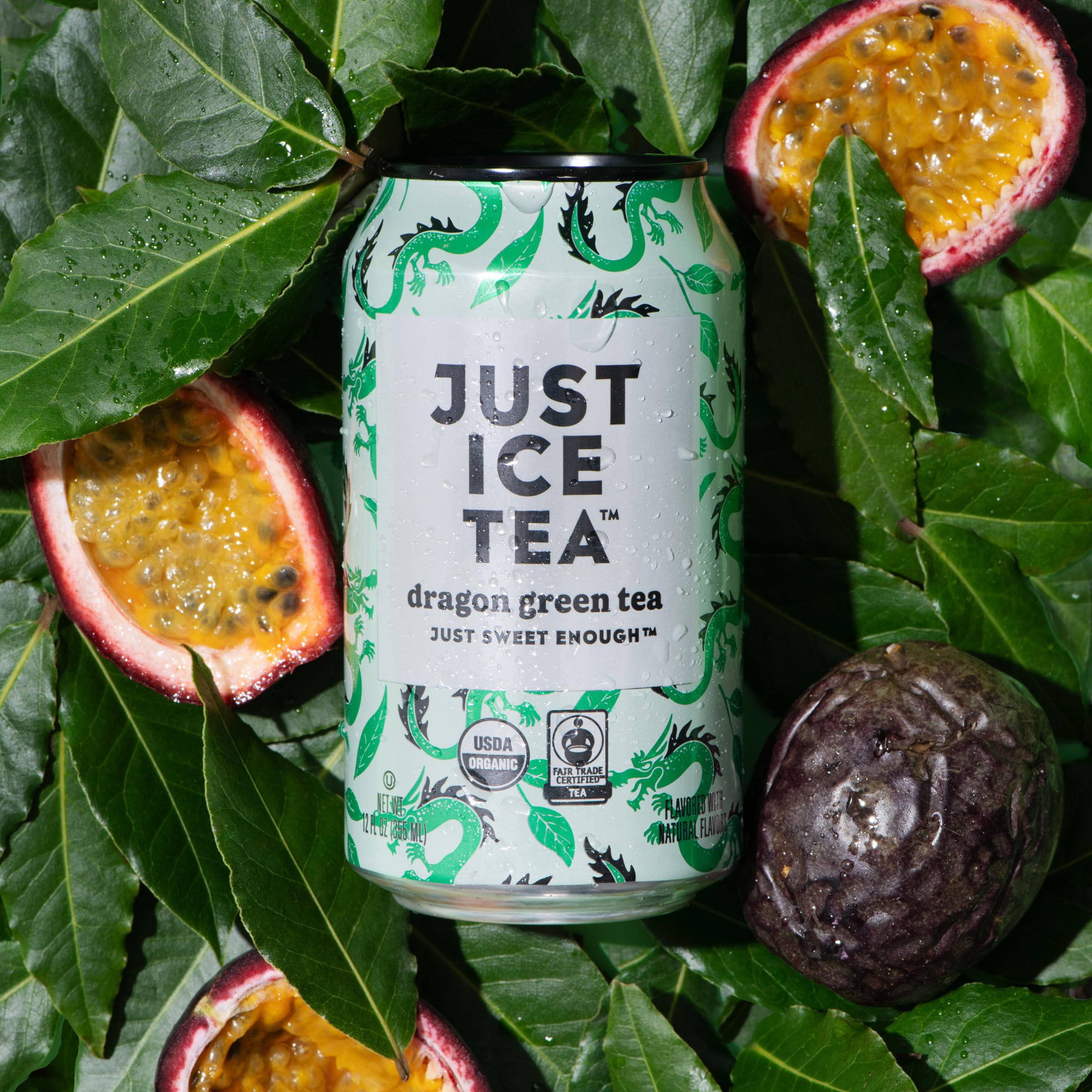 Just Ice Tea Dragon Green label closeup emphasizes organic fair-trade ingredients for responsible refreshment.