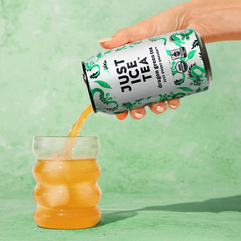 Just Ice Tea Dragon Green packaging shot highlights USA-made production and convenient 12oz cans.