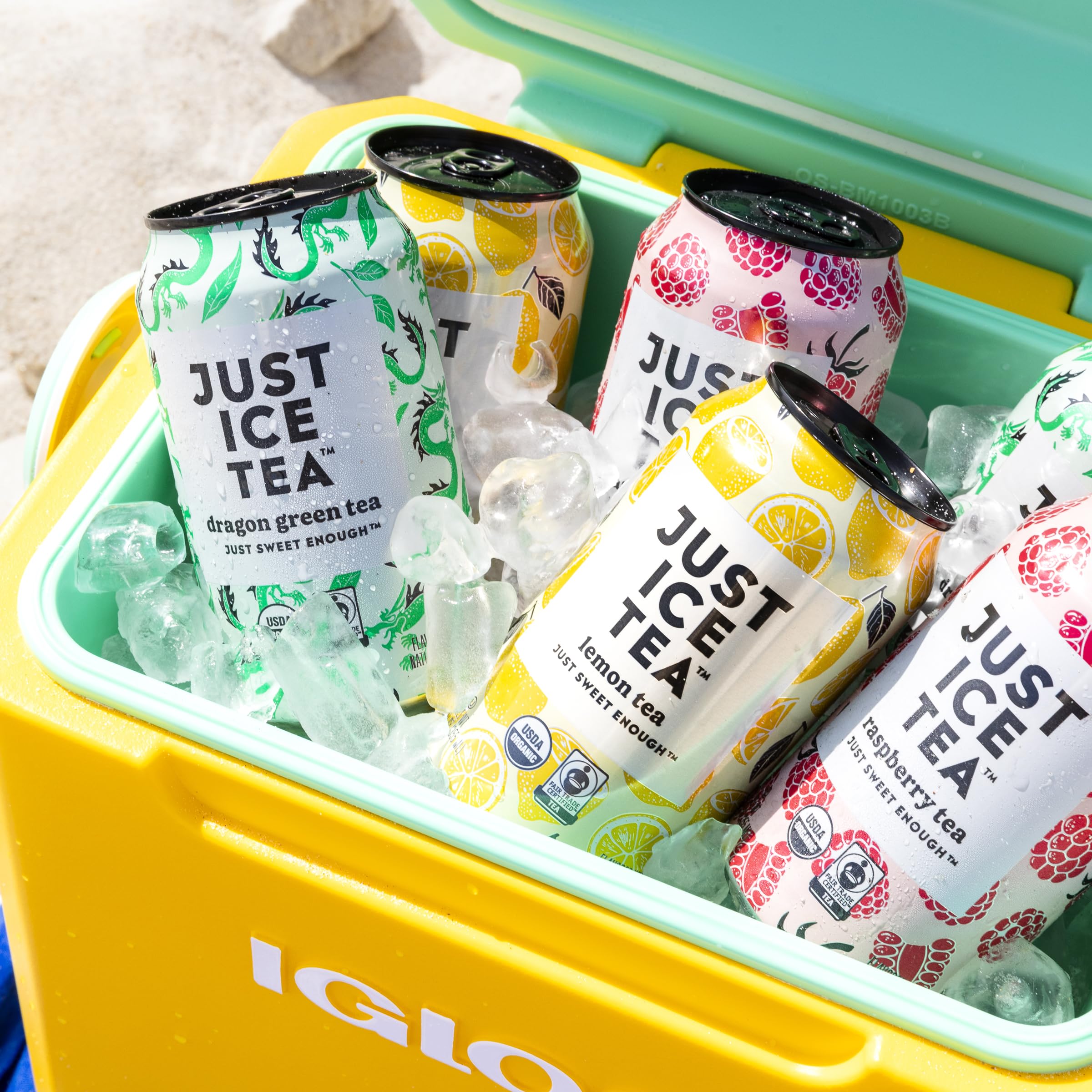 Just Ice Tea Dragon Green Iced Tea 4-pack in a cooler for picnics.