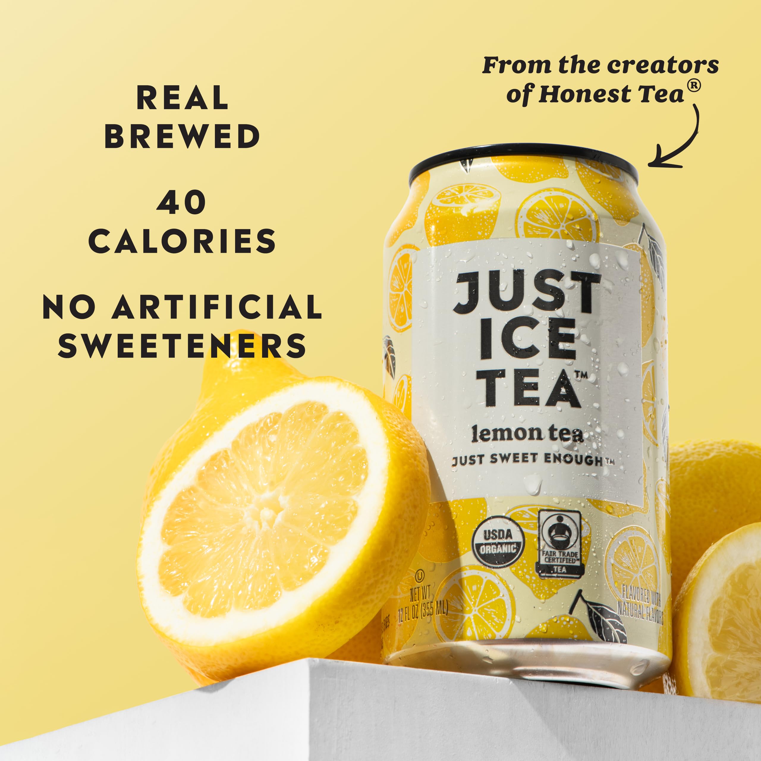 Just Ice Tea Lemon can with Fair Trade label, ethical sourcing in focus