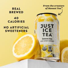 Just Ice Tea Lemon can with Fair Trade label, ethical sourcing in focus