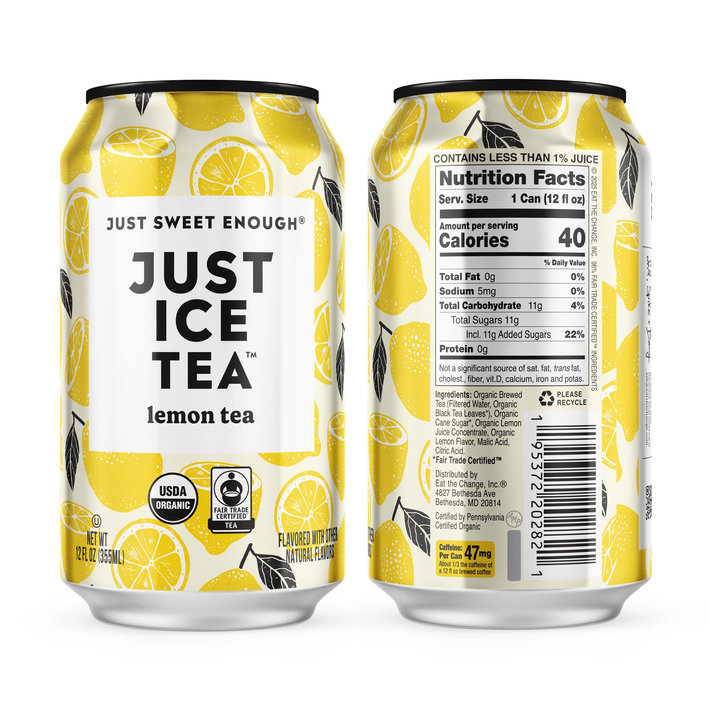 Just Ice Tea Lemon can highlighting organic farm sourcing for sustainability