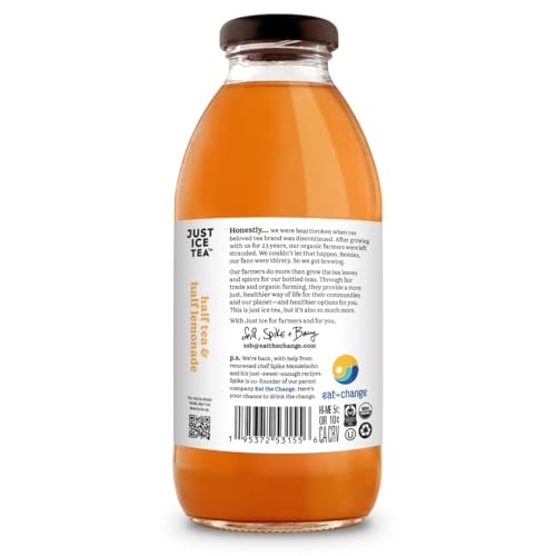 Just Ice Tea organic half tea half lemonade label on bottle, organic ingredients highlighted.