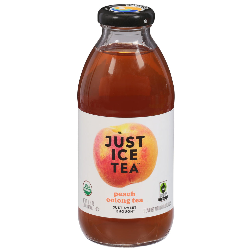 Just Ice Tea Peach Oolong Organic bottle with peach aroma, ideal for refreshing daily beverages.