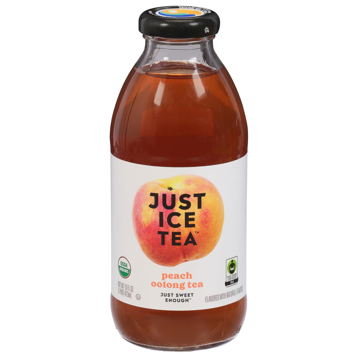 Just Ice Tea Peach Oolong Organic bottle with peach aroma, ideal for refreshing daily beverages.