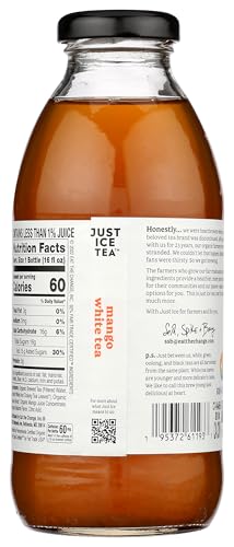 Just Ice Tea Tea White Mango Organic label closeup highlighting premium ingredients.