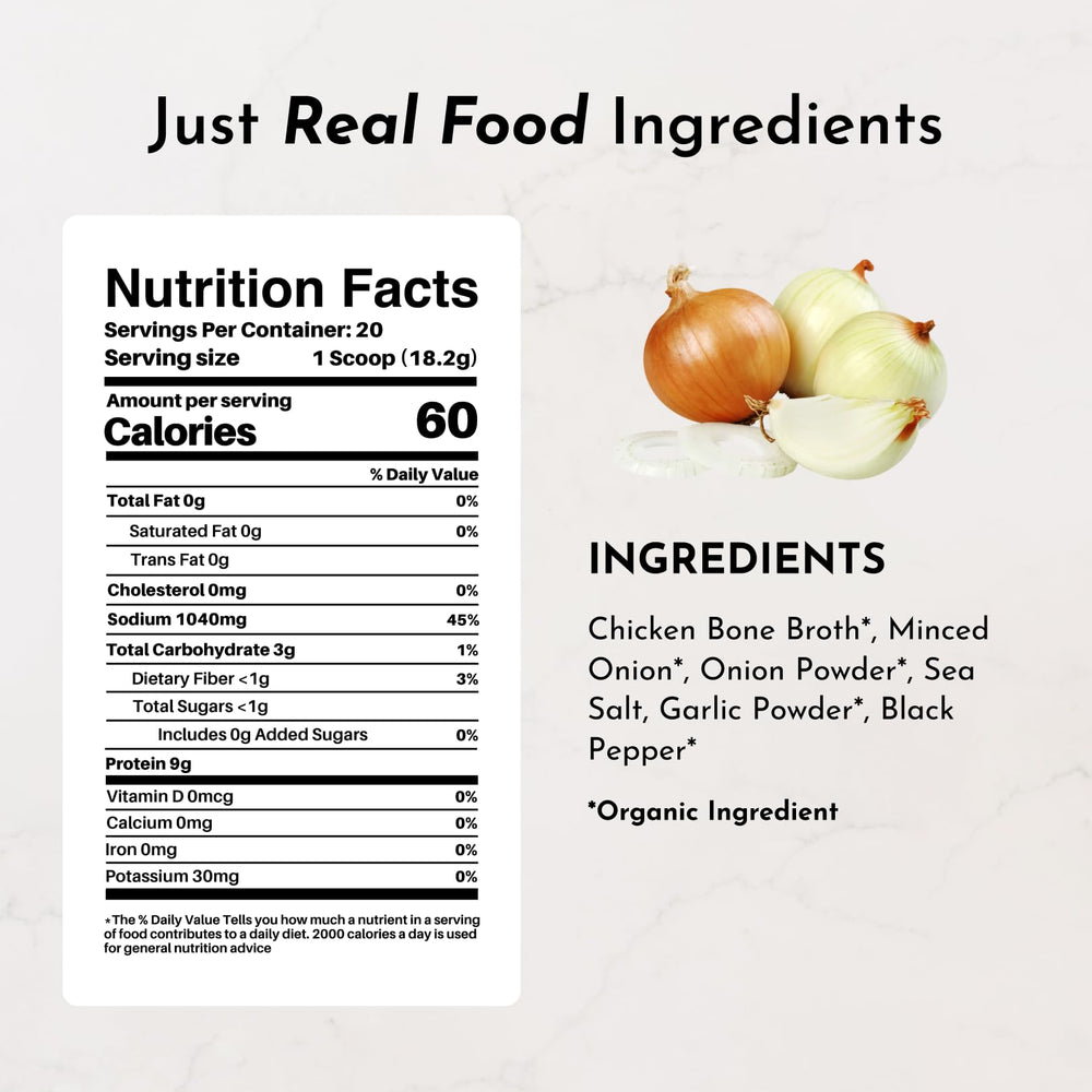 Just Ingredients bone broth pour bottle, hearty base for protein-rich meals.