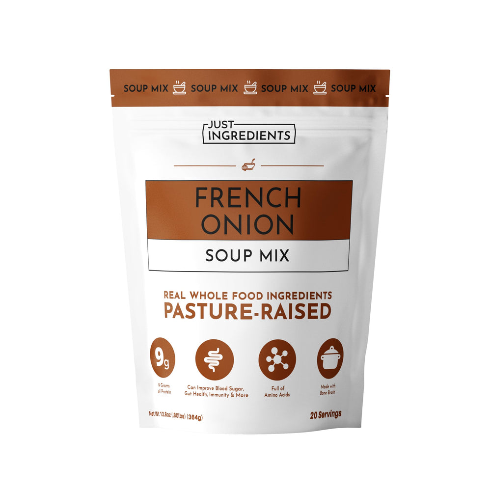 Just Ingredients French Onion Soup Mix bag, rich flavor for soups and gravies.