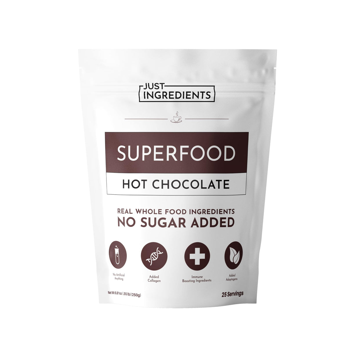 Just Ingredients superfood hot chocolate package showing a nourishing beverage