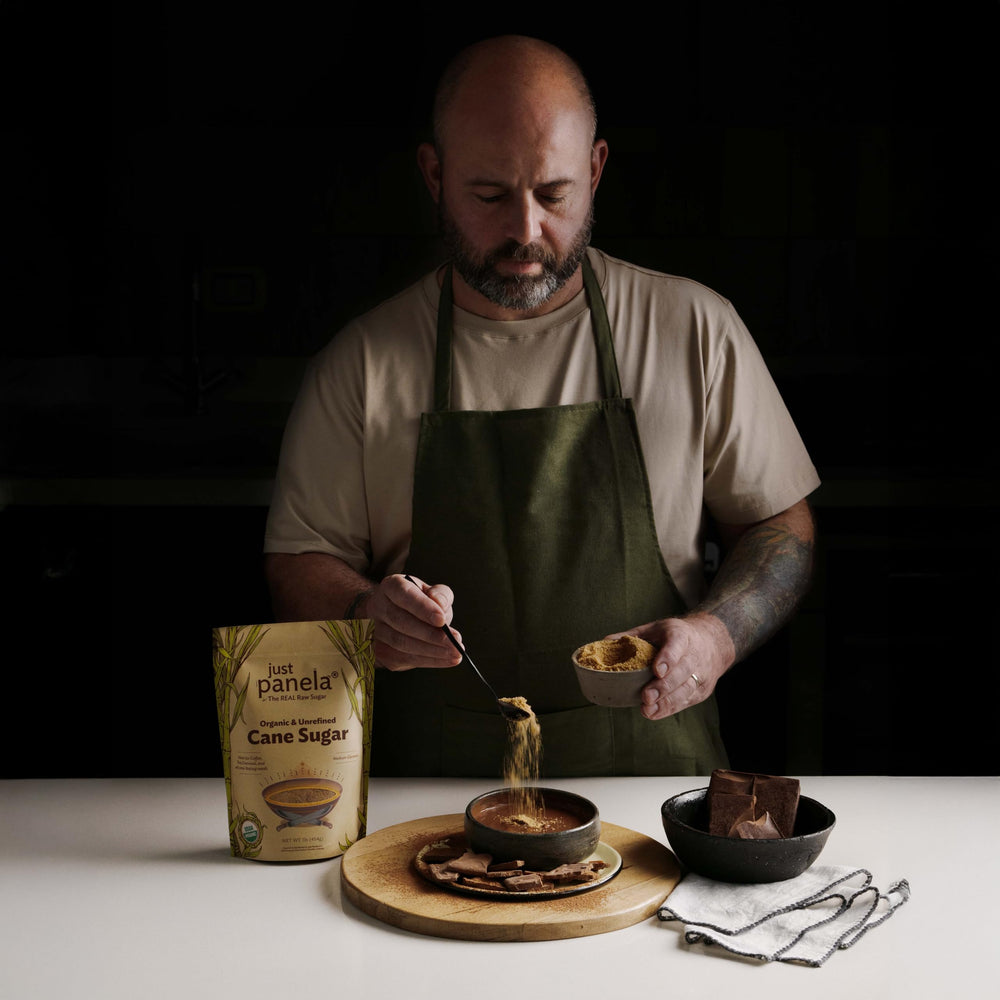 Just Panela brown sugar in baking jar, enhances flavor with natural richness