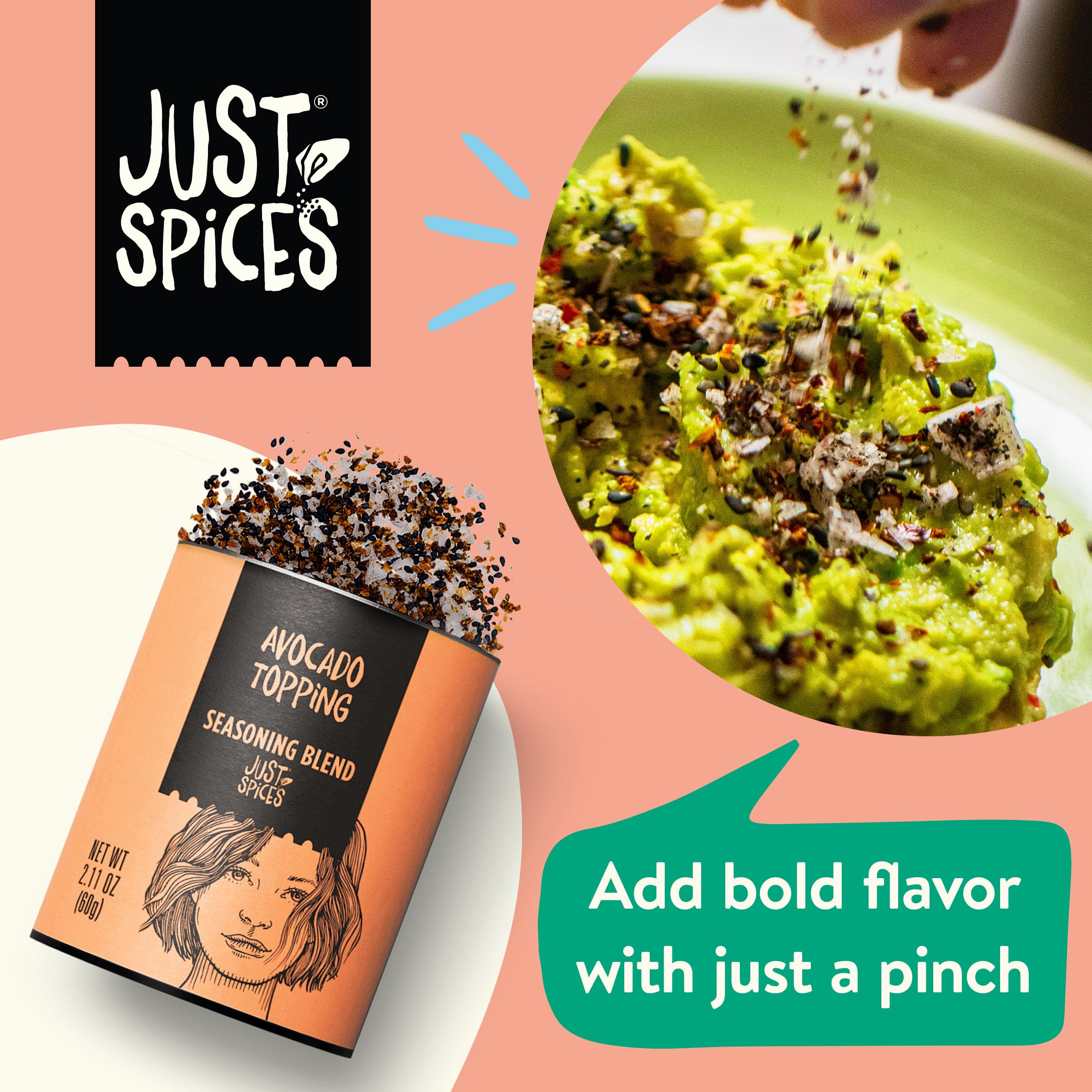 Just Spices avocado topping packaging suggesting versatile kitchen use.