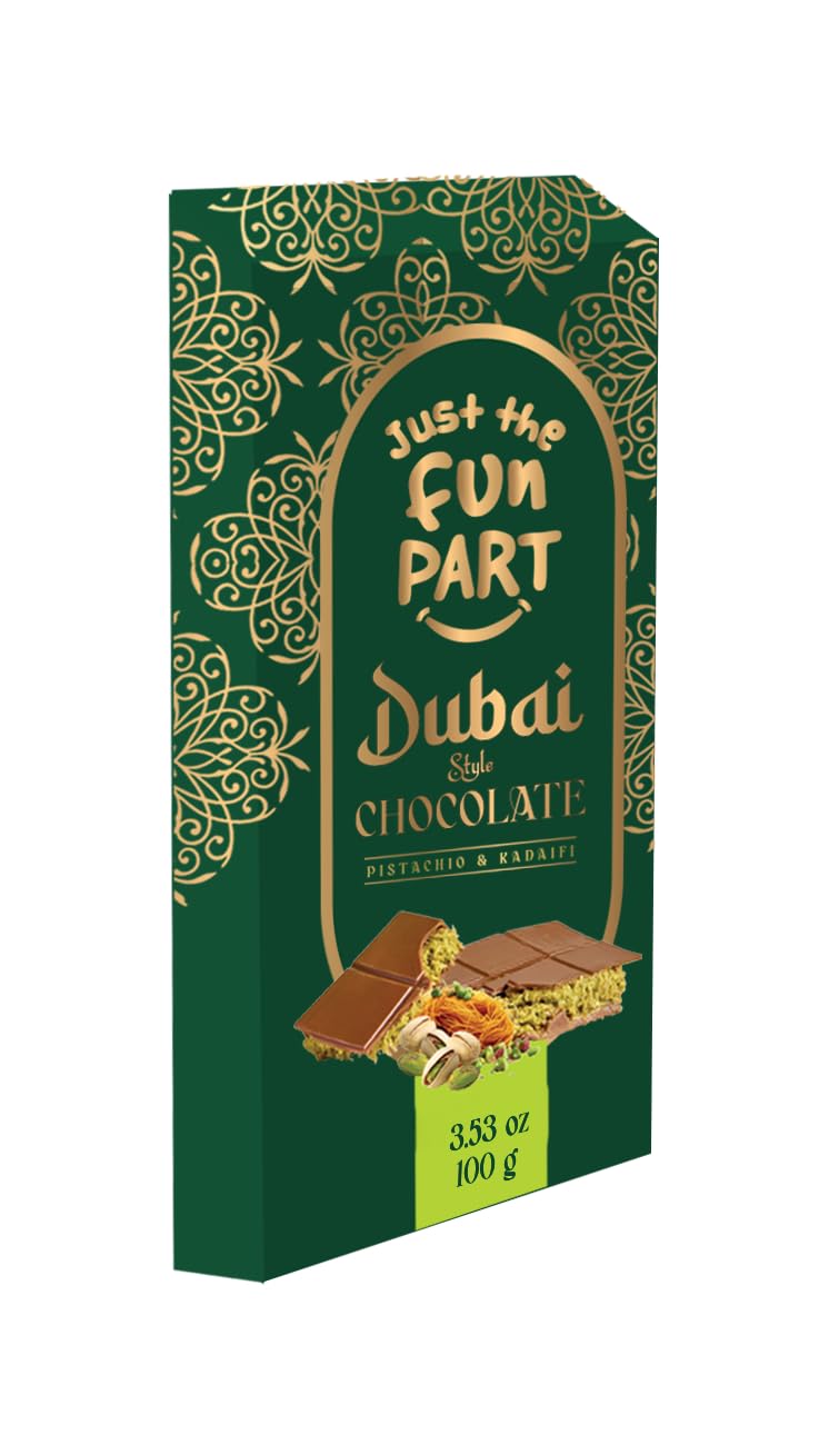 Just The Fun Part Dubai Style bar close-up of pistachio and kadaifi for a luxurious flavor.