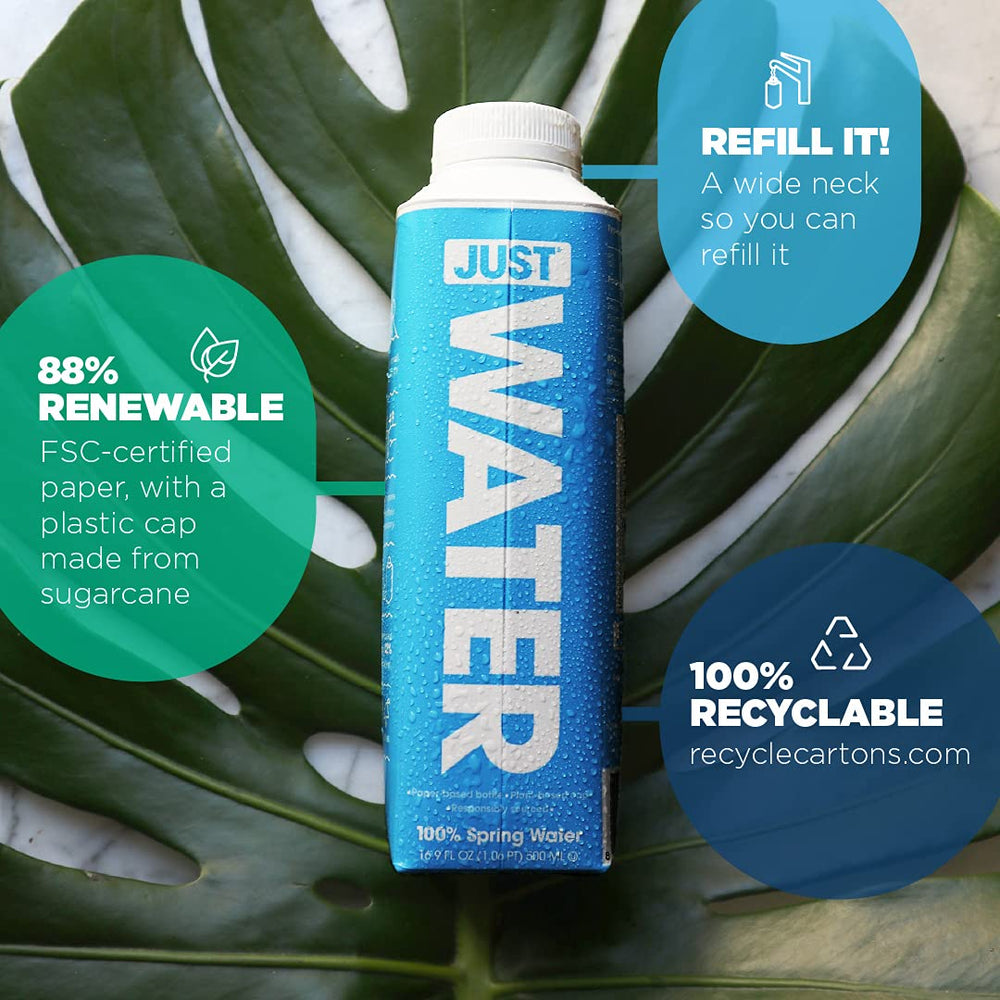 JUST Water boxed carton packaging demonstrates recyclable design.