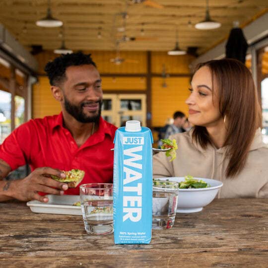 JUST Water recyclable carton end-of-life versatility showcased.