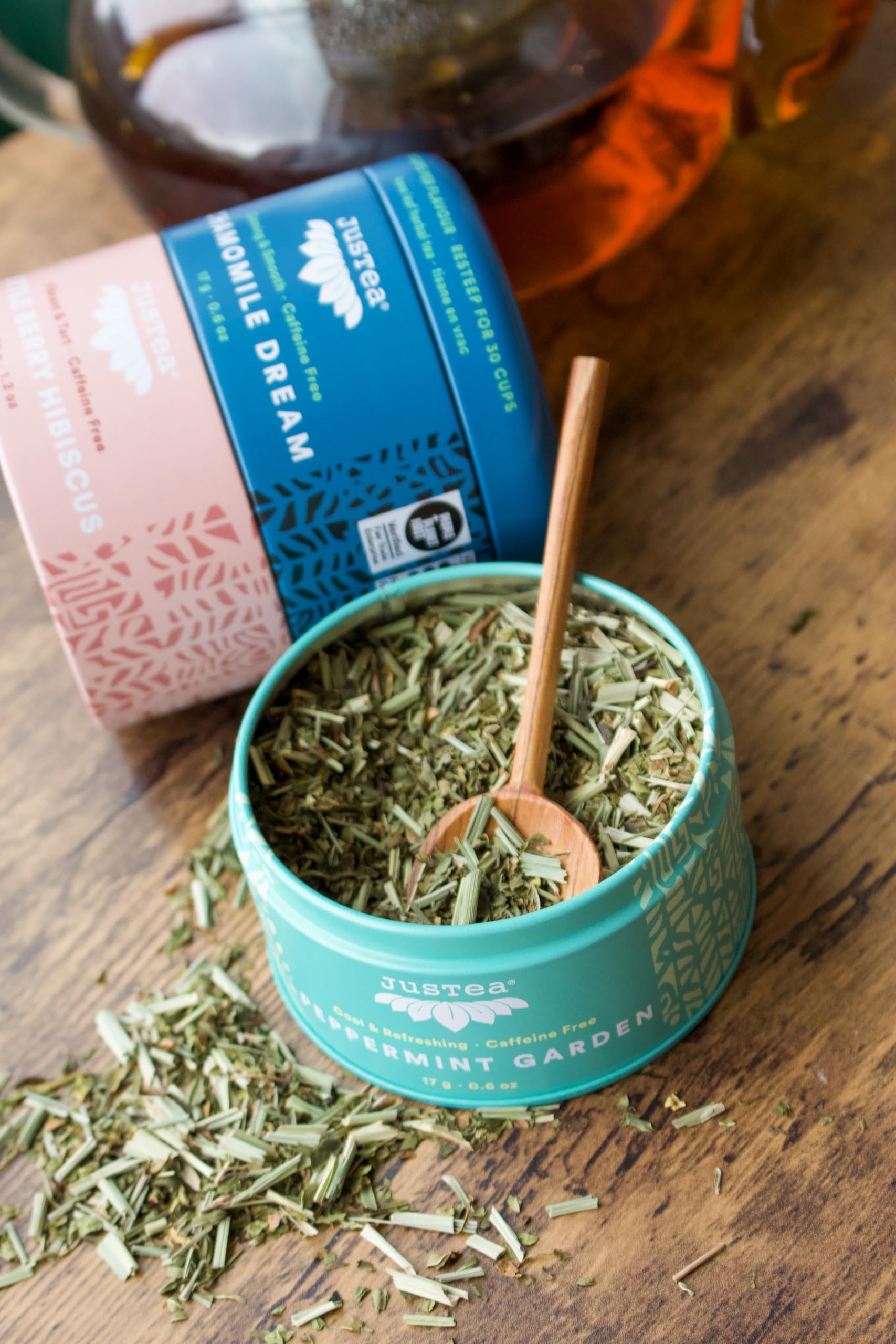JusTea brewed cup suggesting caffeine-free relaxation