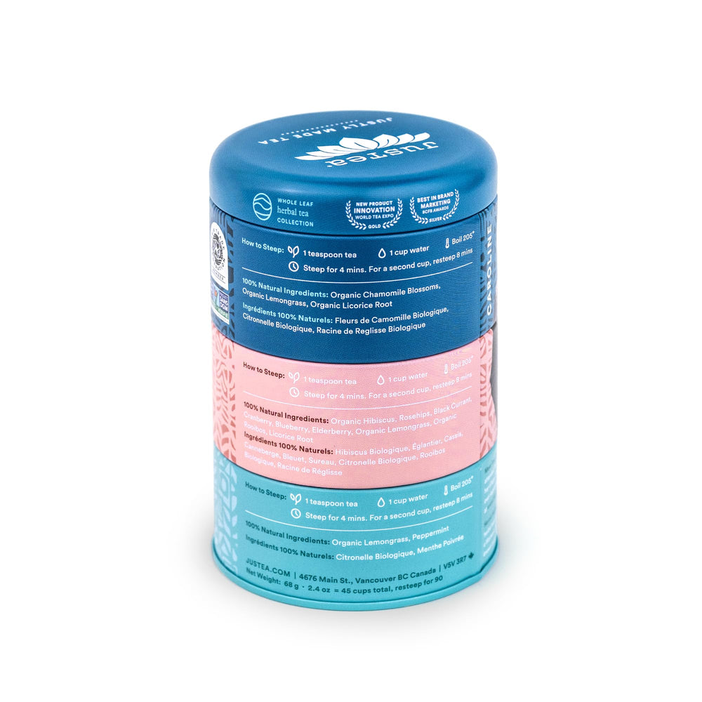 JusTea Chamomile Dream tin with calming floral aroma