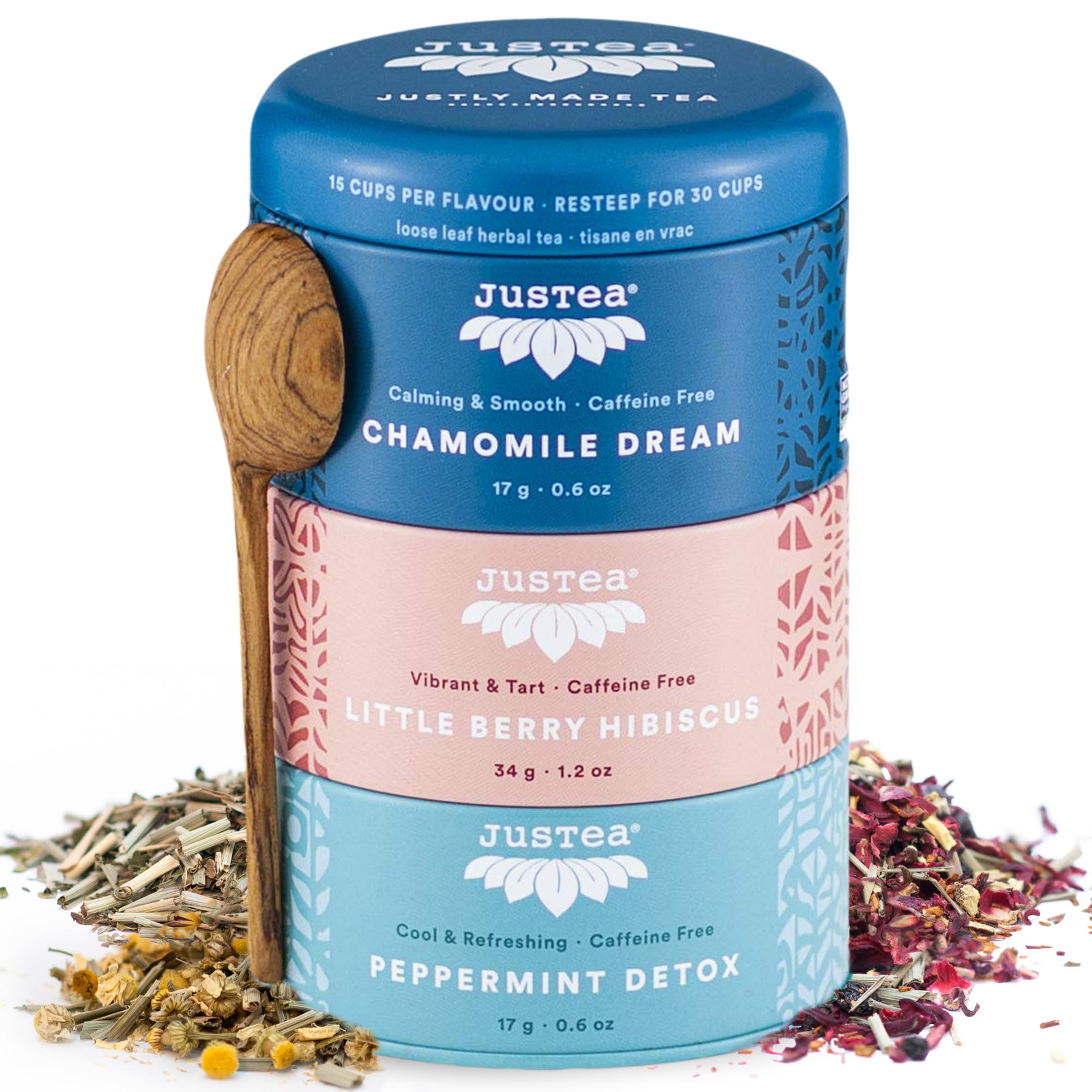 JusTea herbal tea trio stacked tins with a hand-carved spoon