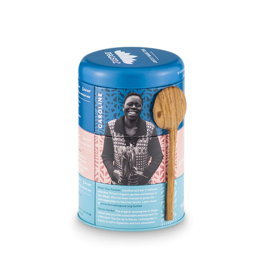 JusTea Little Berry Hibiscus tin with bright berry notes