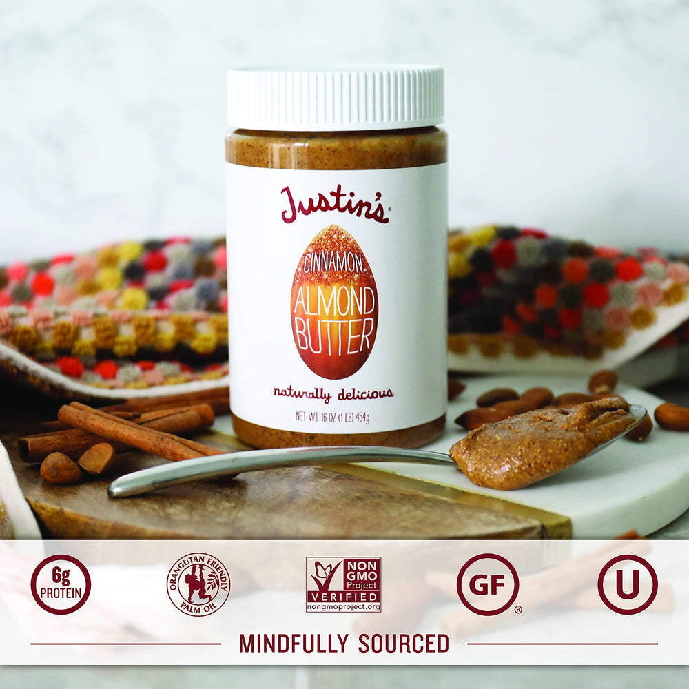 Justin's Almond Butter Cinnamon swirl on pancakes for a cinnamon-spiked treat.