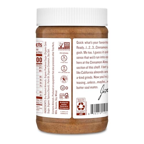 Justin's Almond Butter Cinnamon spread on toast highlights smooth, flavorful breakfast.