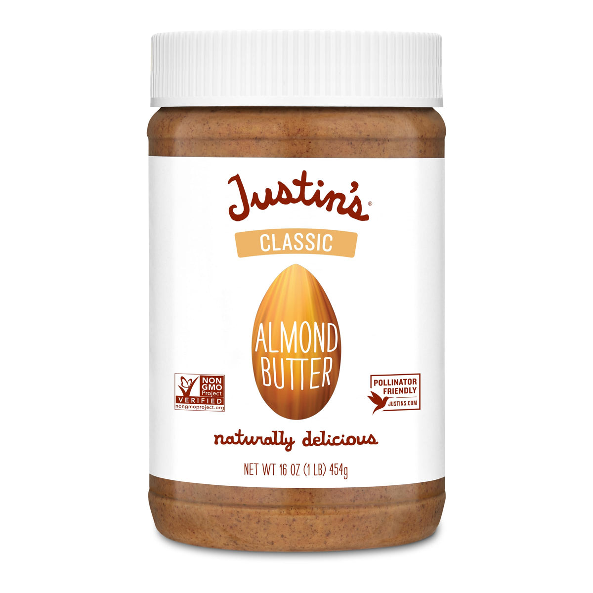 Justin's Almond Butter Classic Jar label highlights premium ingredients for everyday snacking.