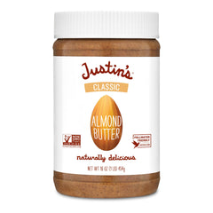 Justin's Almond Butter Classic Jar label highlights premium ingredients for everyday snacking.